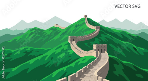 Great Wall of China vector illustration, ancient fortification on green mountains