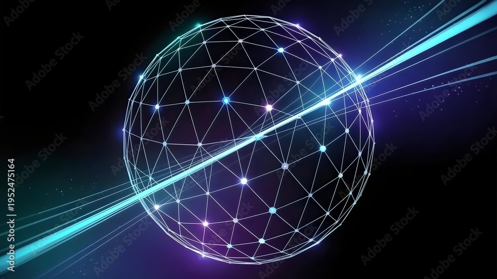 Naklejka premium 3D digital network sphere with nodes – Perfect for data center visualization, cloud hosting, or IT infrastructure.