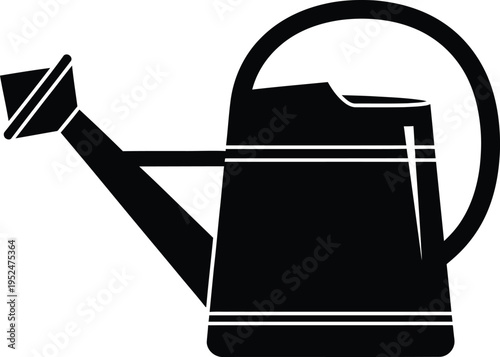 Black and white illustration of a traditional watering can with long spout and handle
