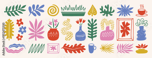 leaf plant floral abstract matisse style shapes set. Hand drawn silhouette branches, blobs, flowers. Contemporary doodle art