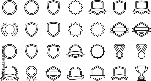 Blank Badge and Label Line Icons Set with Shields, Ribbons, Medals and Award Templates
