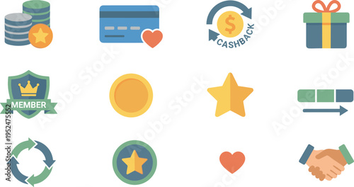 Loyalty and Reward Icons Set with Cashback, Membership, Gift, Coins and Customer Engagement Symbols
