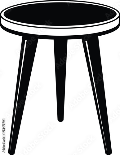 A simple black and white illustration of a three legged stool with a round seat
