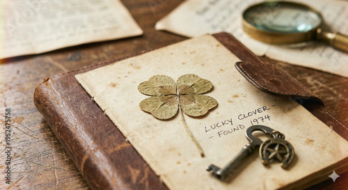 old book and Four-leaf clover