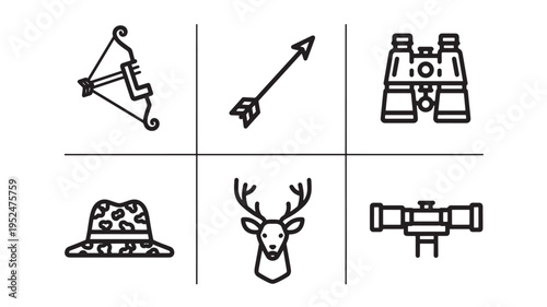 a set of black line art icons featuring hunting tools and wildlife on a white background, suitable for use in educational materials, marketing campaigns, or website graphics