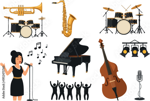 Collection of musical instruments and performers, including a grand piano, saxophone, trumpet, drum set, upright bass, microphone, and vocalists enjoying a concert