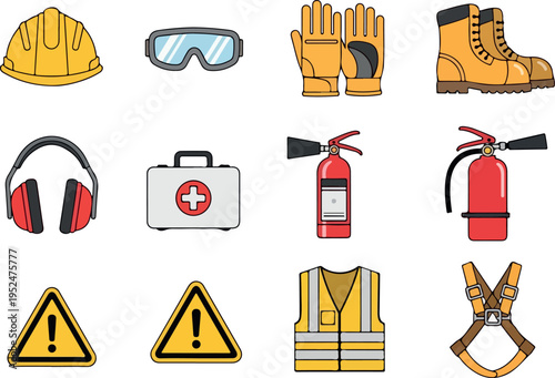 Collection of safety icons including hard hat, goggles, gloves, boots, earmuffs, first aid kit, fire extinguishers, warning signs, safety vest, and harness