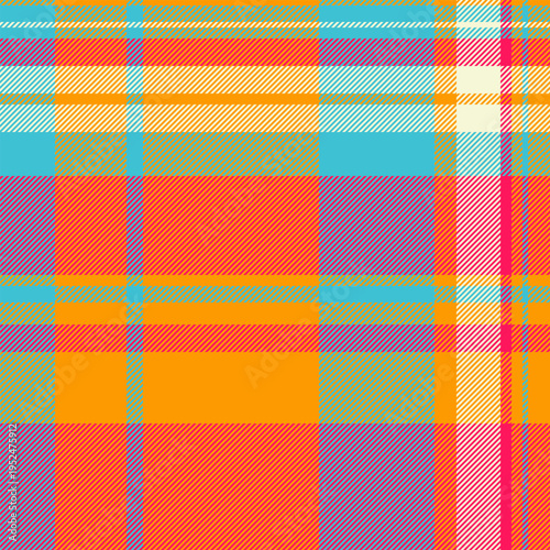 Vibrant plaid pattern with bold hues. Seamless vector design ideal for textiles, backgrounds, or creative projects needing a cheerful, eyecatching texture.