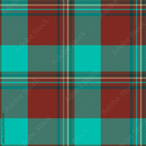 Flooring background check textile, multicolored plaid tartan fabric. Striped seamless texture pattern vector in red and teal colors.