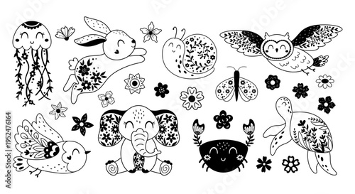 Floral animals clipart set in black colors, Spring characters illustration, Summer flowers, Woodland animals doodle.