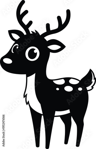 A cartoon reindeer with large eyes and white spots on a plain background