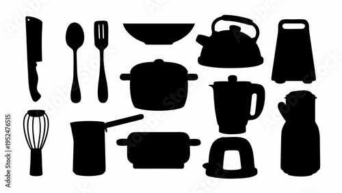 Kitchen utensils and dishes silhouette set including cutlery cookware and appliances on white background for cooking