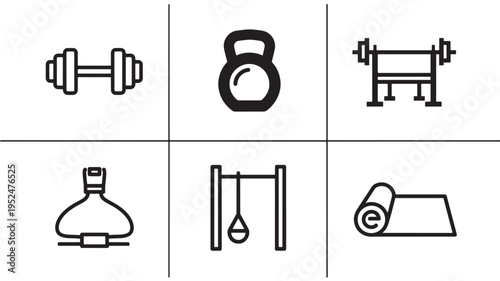 a minimalist grid of six black line art icons depicting various fitness equipment on a clean white background, suitable for use in health and wellness marketing, advertising, or educational materials