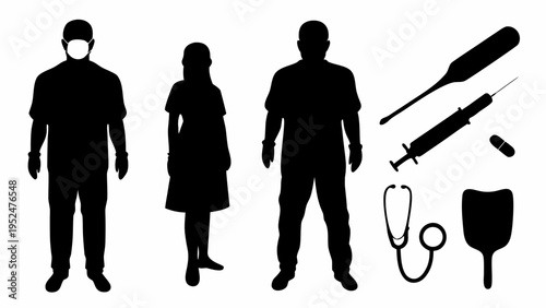 Medical professionals with stethoscope syringe and pills on hospital background with ambulance