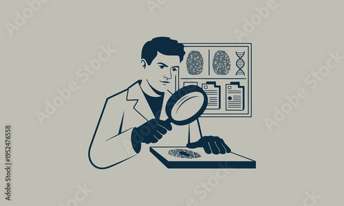A scientist intently examines evidence with a magnifying glass likely related to forensic analysis
