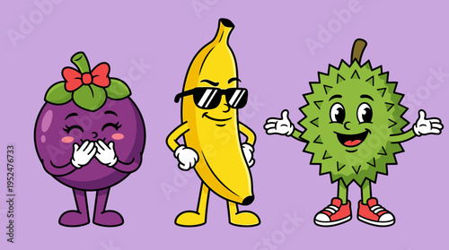 Group of funny tropical fruit characters featuring cute mangosteen with bow cool banana wearing sunglasses and cheerful durian standing on purple background