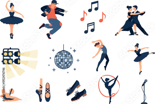 Collection of diverse dance figures and musical elements, including ballerinas, hip-hop dancers, tango dancers, disco ball, stage lights, and microphone