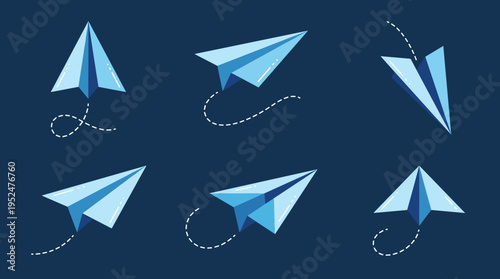 Various perspectives of blue paper planes flying with dotted motion trails and paths in clear dark blue sky for message and communication concept set