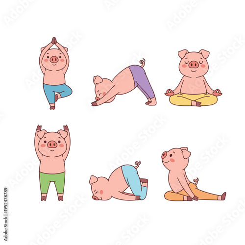 Fotografie Set of cute pig characters practicing various yoga poses and meditation exercise