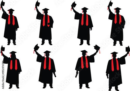 Graduation silhouette illustration set, academic cap gown diploma celebration artwork, education achievement vector design concept