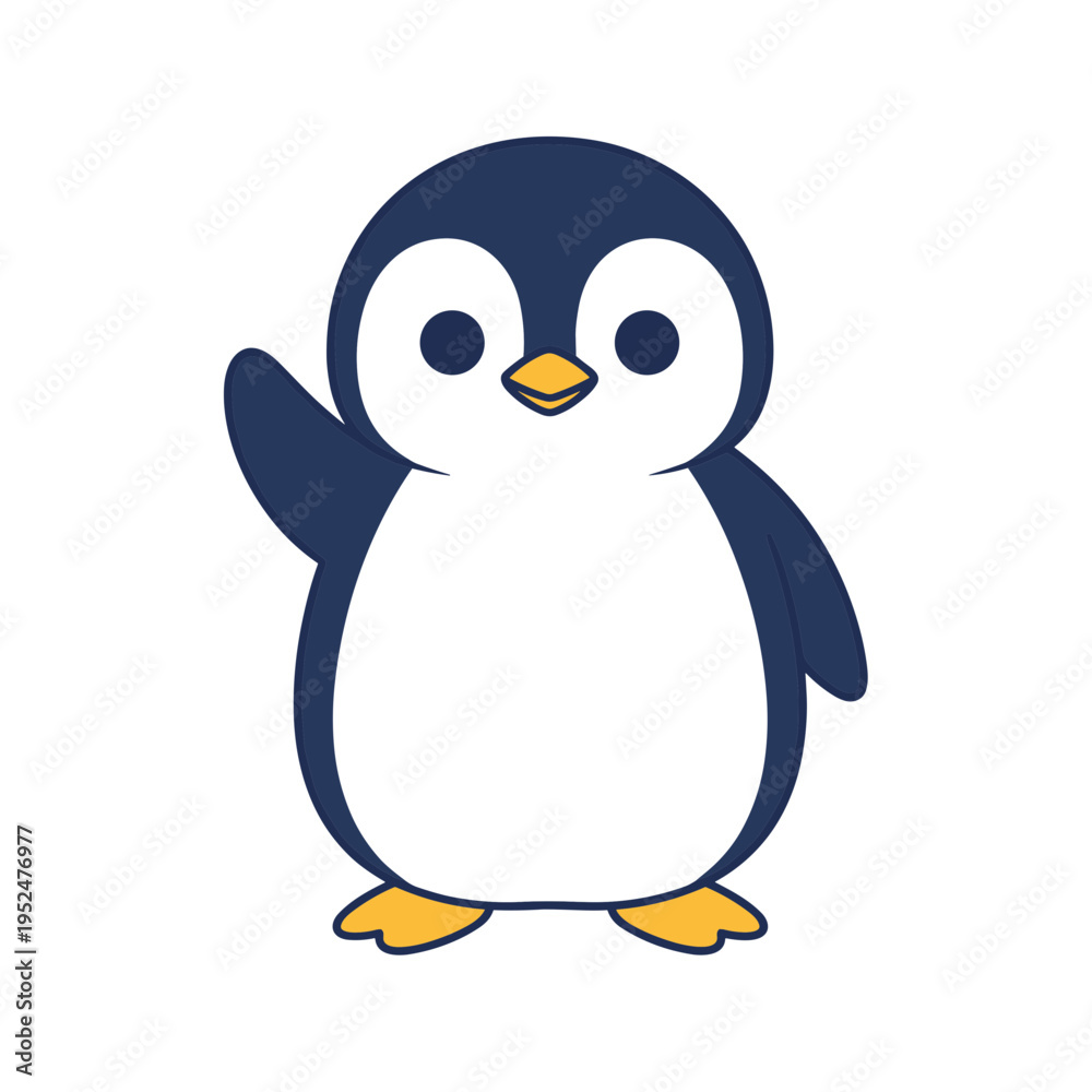 Fototapeta premium Cute baby penguin waving hand in minimalist Kawaii flat design style isolated on white background for winter animal theme nursery decor and stickers.