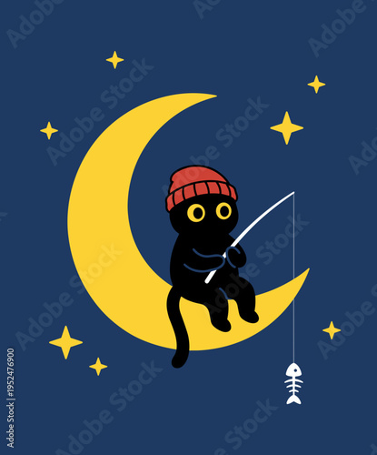 Cute black cat sitting on a yellow crescent moon fishing for fish bone, whimsical night sky illustration with stars for children book and nursery design.