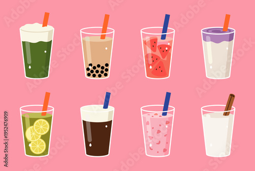 Set of various colorful bubble tea and fruit drink icons, flat vector illustrations of matcha latte, pearl milk tea, and refreshing summer beverages.