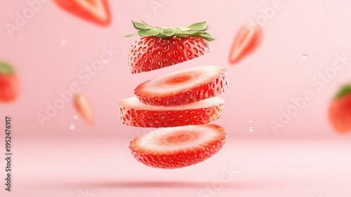 Ripe strawberry slices floating against a soft pastel gradient sky, displaying fresh summer fruit concept food and healthy