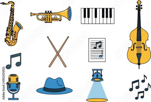Collection of Musical Instruments and Jazz Accessories Saxophone, Trumpet, Piano, Double Bass, Microphone, Drumsticks, Music Sheet, Fedora Hat, Spotlight, and Musical Notes