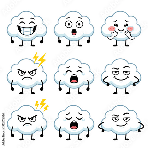 Set of cute cloud characters with different facial expressions and mood emotions, weather mascot icons for forecast apps and emotional design graphics.