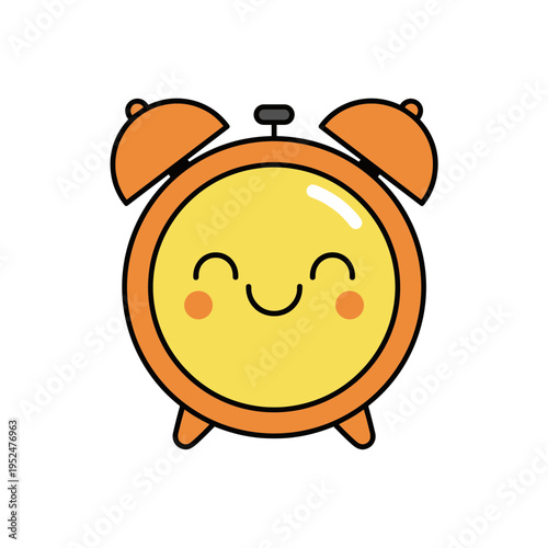 Adorable smiling orange alarm clock character in Kawaii style isolated on white background for morning routine time management and wake up concept art.