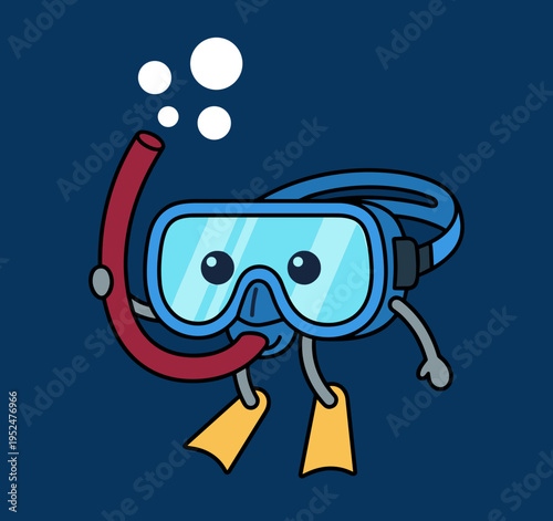 Cute scuba diving mask and snorkel character with flippers underwater adventure sticker design for summer vacation sea sport and ocean exploration theme.