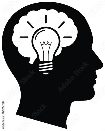 Human head profile silhouette with light bulb and brain for idea generation and