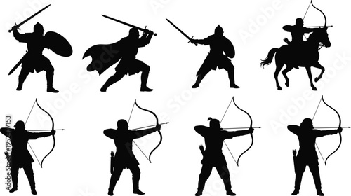 Medieval warrior silhouette illustration set, knight archer combat posture artwork, historical battle vector design concept