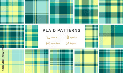 Vibrant teal and sunny yellow seamless plaid pattern featuring a classic twill weave. This versatile design is perfect for spring textiles, digital backgrounds, and creative branding.
