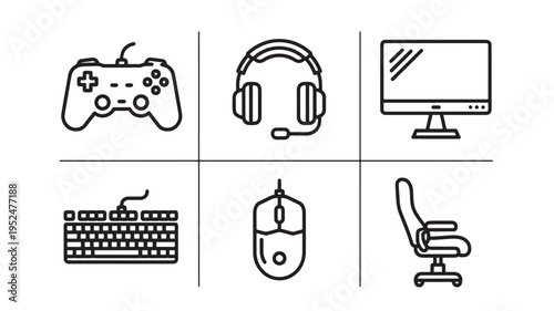 A set of simple black line art illustrations featuring gaming and office equipment icons isolated on a white background, useful for design, marketing, and educational purposes.