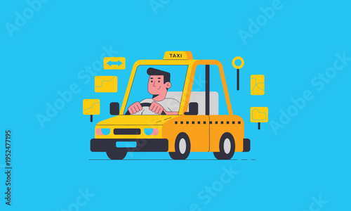 A cheerful man drives a bright yellow forklift surrounded by warning and informational signs