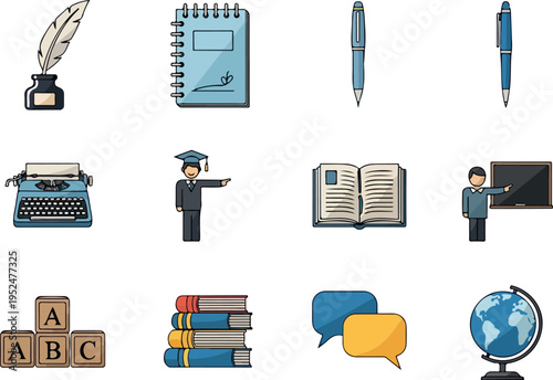 Collection of educational and writing-related icons including a typewriter, books, and a globe