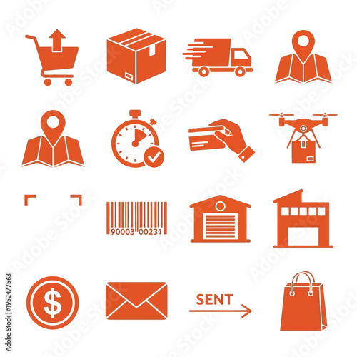 Ecommerce and delivery icons in orange on white background