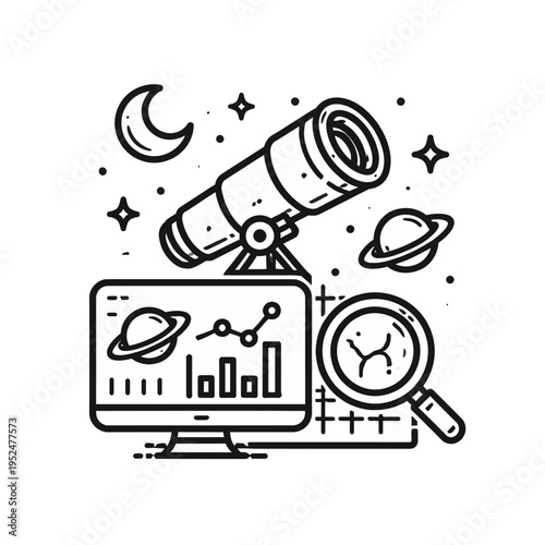 Educational line art icon symbolizing astronomical observation, scientific data analysis, and cosmic research, featuring a telescope, planets, and a computer screen