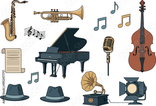 Collection of classic musical instruments and jazz-era accessories, including a saxophone, piano, trumpet, and gramophone, with musical notes and fedora hats