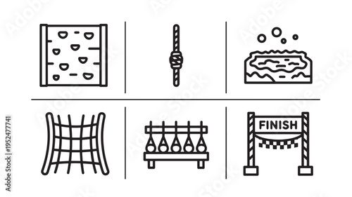 Clean and modern vector-style line art depicting various sports equipment and a finish line. Ideal for fitness, competition, training, or achievement-themed designs in marketing and education.