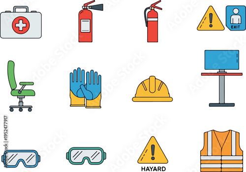 Collection of safety and protective equipment icons including first aid kit, fire extinguisher, hard hat, gloves, safety glasses, vest, and exit sign