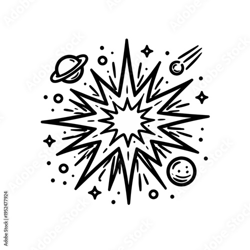 Dynamic cosmic explosion starburst icon illustration with planets and stars, depicting a powerful celestial event in a stylized line art drawing