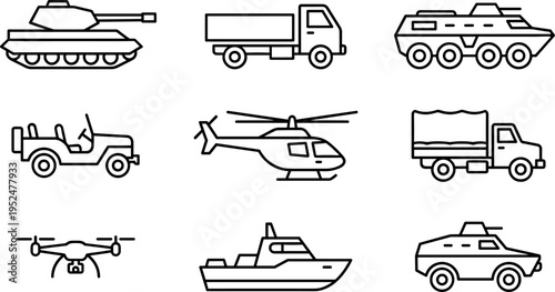 Military and Transport Line Icons Set with Tank, Truck, Helicopter, Drone and Armored Vehicles