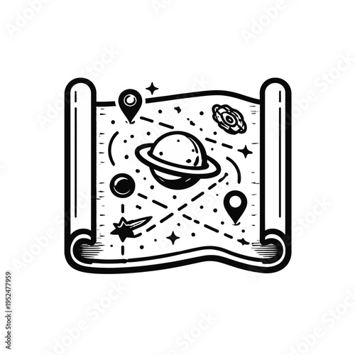 A whimsical hand-drawn cosmic map icon, featuring a planet, stars, and pin markers, perfect for fantasy or space-themed designs