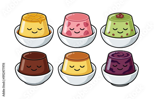 Set of cute kawaii style pudding characters in bowls with different flavors including caramel strawberry matcha chocolate and grape jelly dessert icons