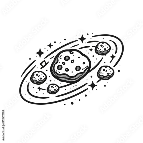 Monochrome space galaxy icon with orbiting celestial asteroids and stars, a simple yet captivating vector illustration depicting cosmic exploration and astronomical wonders in a celestial dance