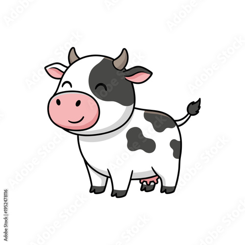 Adorable cartoon baby cow illustration with black spots and happy expression isolated on white background for kids education and farm animal theme
