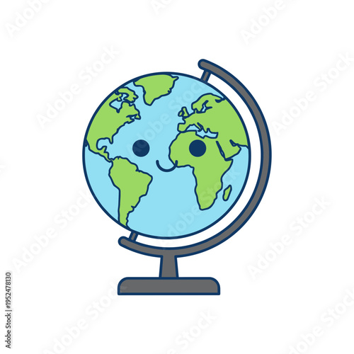 Friendly globe character with a cute smiling face on a stand in flat vector style for geography education, world travel, and global environment awareness